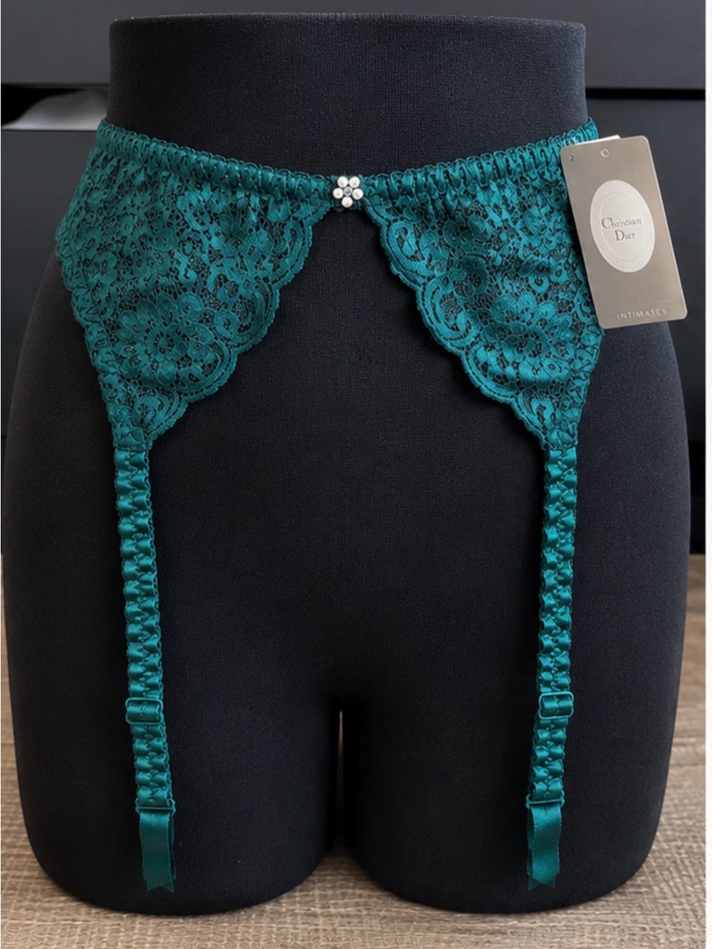 Christian Dior VNT Intimates NWT Teal Lace Garter Belt 4675 Medium Deadstock NOS